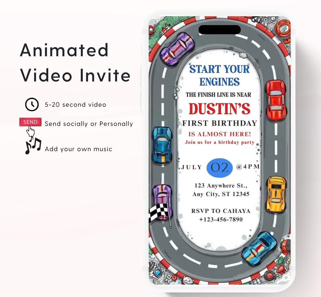 Race car Fast One Birthday Invitation, Video Race Car Birthday Invite, Editable 1st Birthday Boy Party Invitation First Birthday-1