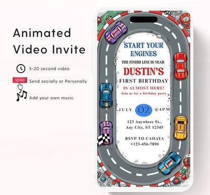 Race car Fast One Birthday Invitation, Video Race Car Birthday Invite, Editable 1st Birthday Boy Party Invitation First Birthday-1