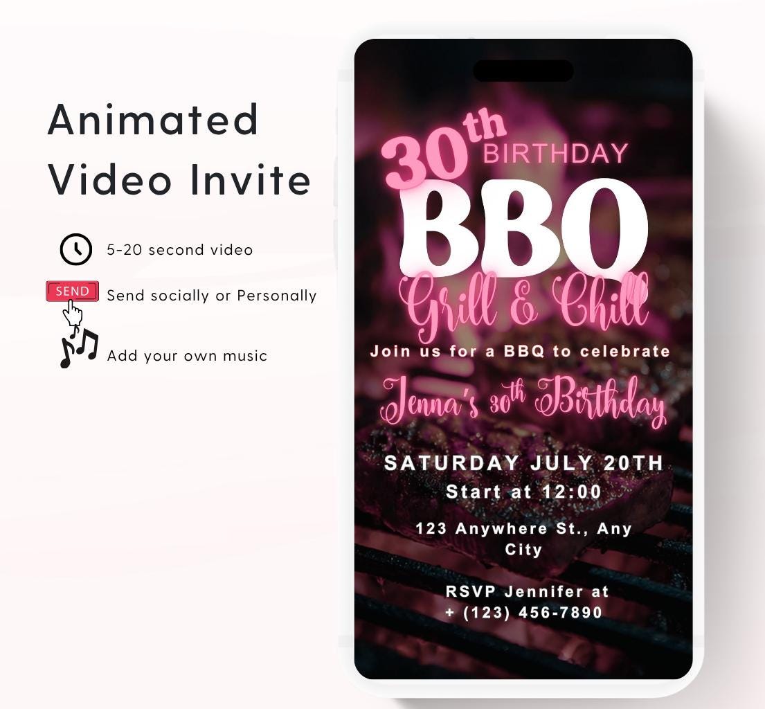 Digital Birthday BBQ Chill and Grill Invitation. Animated Barbeque Party Invite in Neon Pink. Birthday invite Video-1