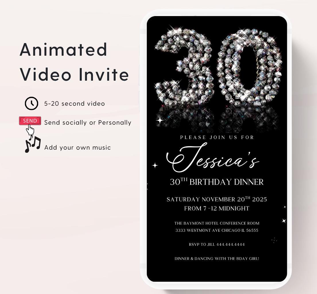 Animated 30th Evite Birthday for Adult Invite, Modern 30th Birthday Invite, Digital Animated Diamond Digital 30th Birthday-1