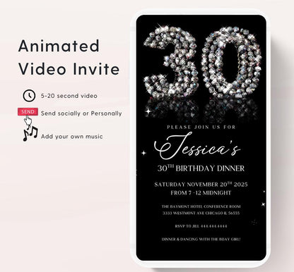 Animated 30th Evite Birthday for Adult Invite, Modern 30th Birthday Invite, Digital Animated Diamond Digital 30th Birthday-1