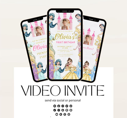 Princess Birthday Invitation, Princess Invitation, Princess Party Invitation, Girl Princesses Theme Invite Digital Editable Video invite-1