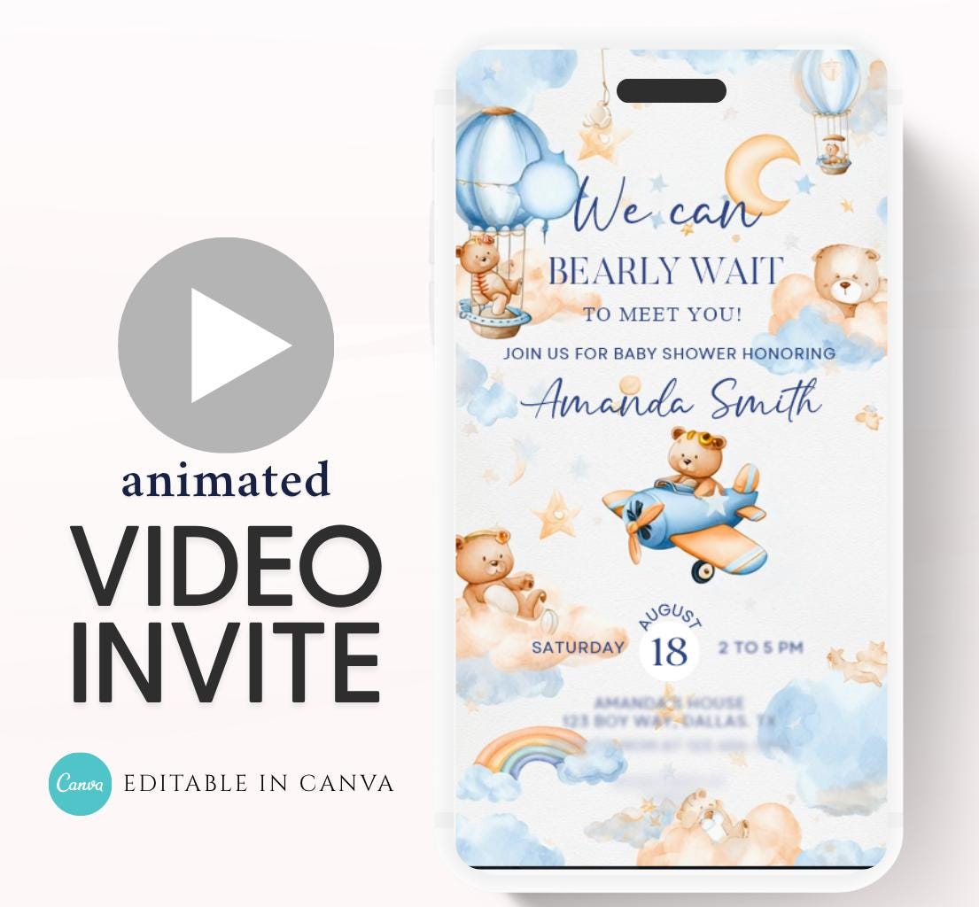 Flying Teddy Bear Baby Shower Invitation We Can Bearly Wait Invite balloon Teddy Bear Template Boy Animated video- 2