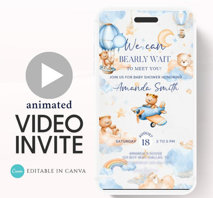Flying Teddy Bear Baby Shower Invitation We Can Bearly Wait Invite balloon Teddy Bear Template Boy Animated video- 2