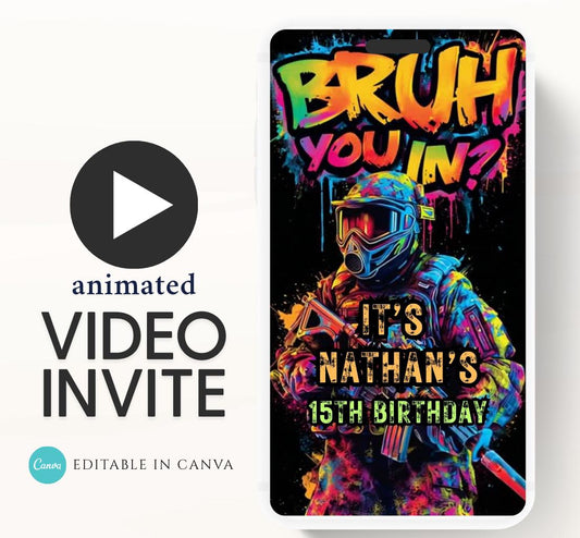 Bruh Paintball Birthday Invitation, Video Paintball Party Invitation, Boy Paintball Invite, Bruh You In Paintball Bruh Invitation-1