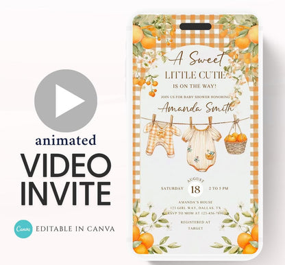 A Little Cutie Baby Shower Invitation, Gender Neutral Baby Shower Invite, Oranges cutie baby shower Video invitation-1