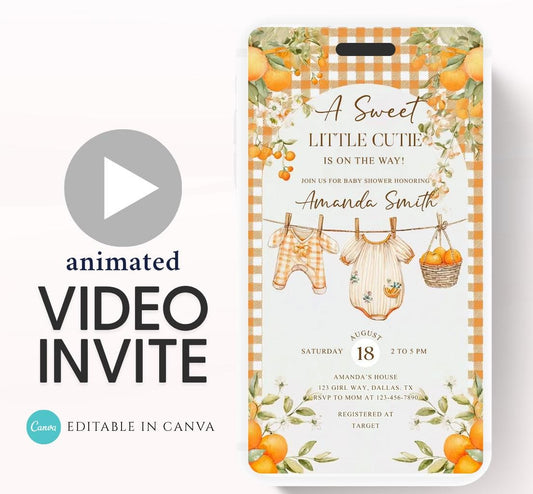 A Little Cutie Baby Shower Invitation, Gender Neutral Baby Shower Invite, Oranges cutie baby shower Video invitation-1