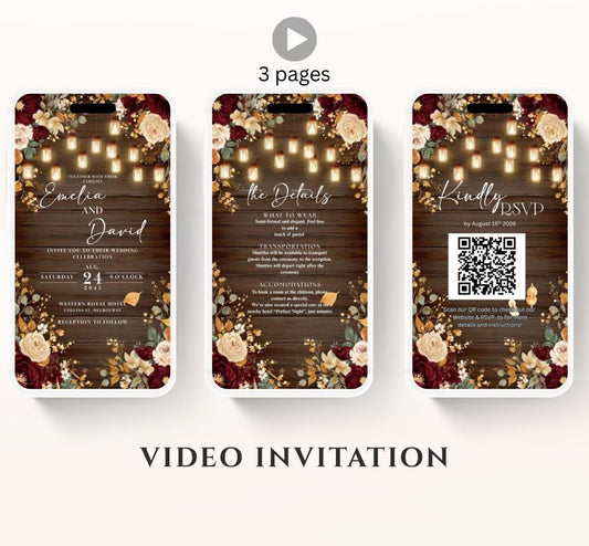 Rustic burgundy floral Wedding invitation, Wedding  invitation, wedding invitation template, Video Wedding invite, wedding invite-15