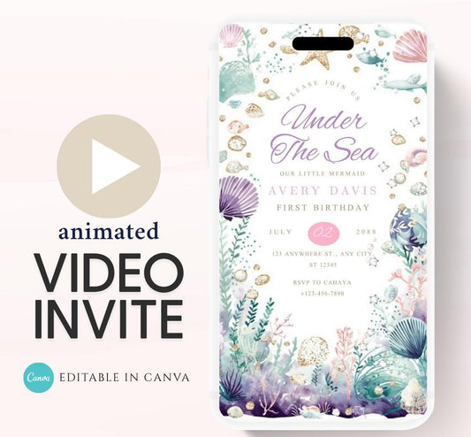 Animated Under The Sea Birthday Invitation, Editable Ocean Animals Party Invite, Magical Sea Life Invitation Sea Beach birthday invite-2
