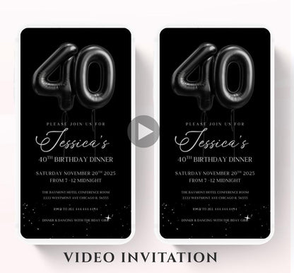 Animated 40th Evite Birthday for Adult Invite, Modern 40th Birthday Invite, Digital Animated black balloon Digital 40th Birthday-3