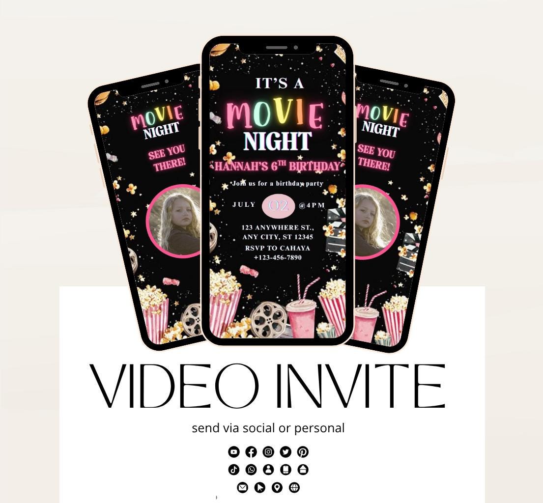Movie Night Birthday Invitation, Movie Party Invitation, Cinema Invitation, Editable Kids Birthday Invitation Backyard movie night Video-1