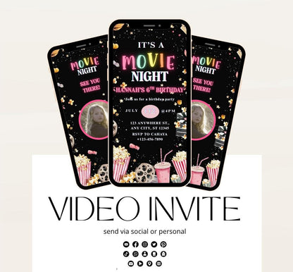 Movie Night Birthday Invitation, Movie Party Invitation, Cinema Invitation, Editable Kids Birthday Invitation Backyard movie night Video-1