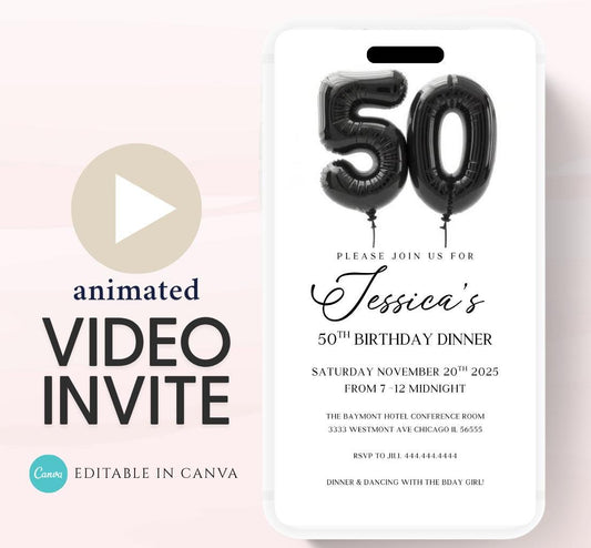 Animated 50th Evite Birthday for Adult Invite, Modern 50th Birthday Invite, Digital Animated Balloon Digital 50th Birthday-1