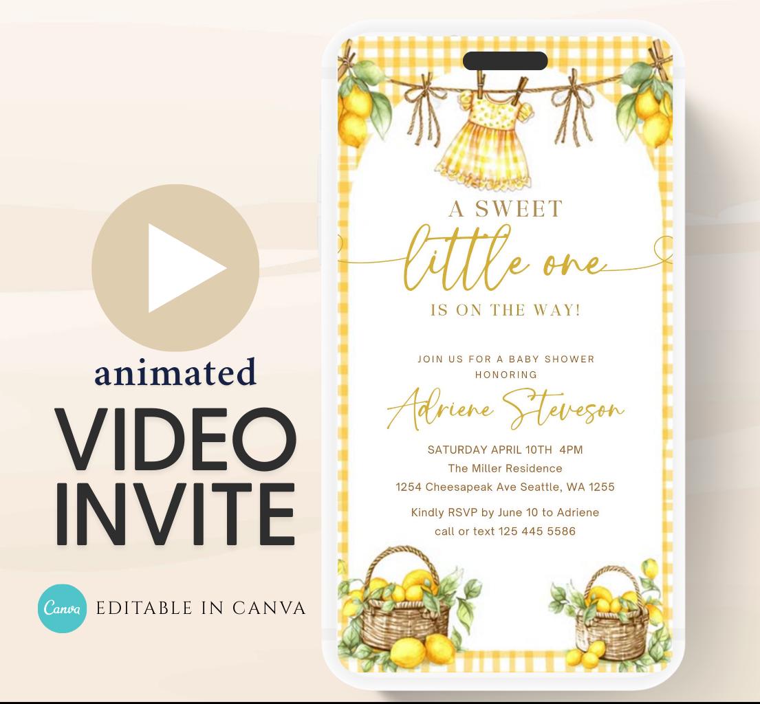 Lemon Baby Shower Invitation, Citrus Baby Shower, Lemon baby shower invite, citrus baby video invitation Boho lemon invite-1