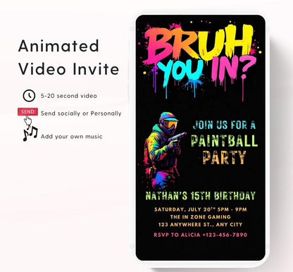 Bruh Paintball Birthday Invitation, Video Paintball Party Invitation, Boy Paintball Invite, Bruh You In Paintball Bruh Invitation-2
