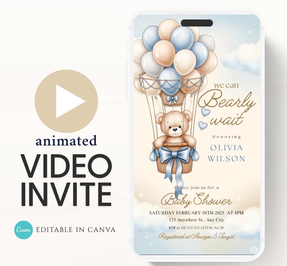 Video We Can Bearly Wait Baby Shower Invitation Teddy Bear Hot air Balloon Bear Theme Invites, Baby shower teddy bear invite animated-7