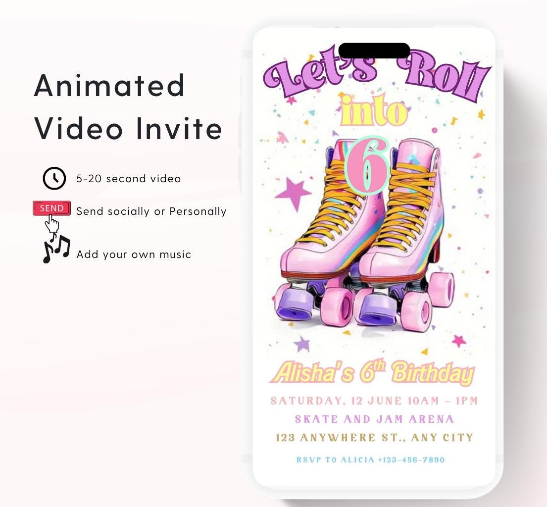 Roller Skating Birthday Invitation, Skate Party Birthday Invite, Roller Skating, Retro Neon Lights, Rollerblade Skate Rink Editable Video-1