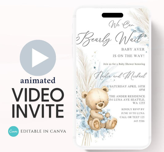 Teddy Bear Baby Shower Invitation We Can Bearly Wait Invite Boho Bohemian Blue Pampas Grass Teddy Bear Template Boy Animated video- 1
