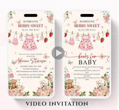 Animated Berry Baby Shower Invitation , Berry Sweet Invite Baby Shower Strawberries berries Minimal Girl Baby Shower Blush Pink Strawberry-3