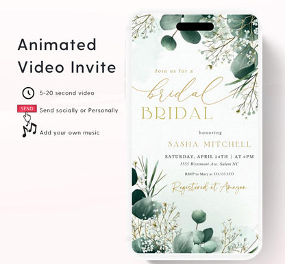 Greenery Bridal Shower Invitation, Video Eucalyptus Bridal Shower Invite, Editable Canva Greenery Bridal Shower-1