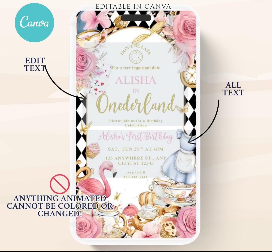 Video Wonderland birthday invitation, Alice in wonderland birthday invitation, Mad hatter first birthday, Wonderland first birthday invite-2