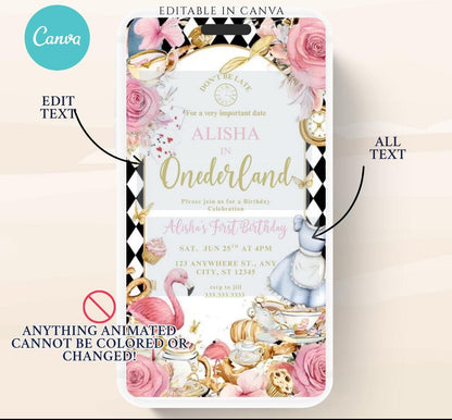 Video Wonderland birthday invitation, Alice in wonderland birthday invitation, Mad hatter first birthday, Wonderland first birthday invite-2