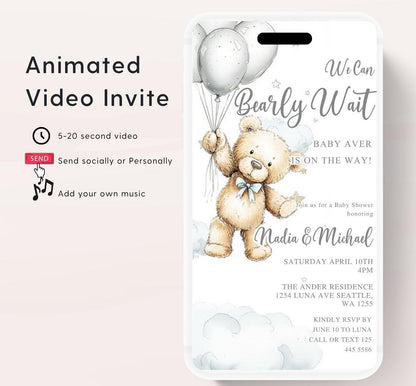 Teddy Bear Baby Shower Invitation We Can Bearly Wait Invite balloon Teddy Bear Template Boy Animated video- 1