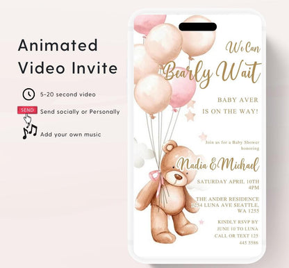 Teddy Bear Baby Shower Invitation We Can Bearly Wait Invite balloon Teddy Bear Template girl Animated video- 2