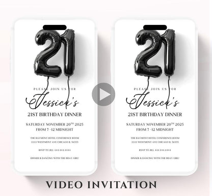 Animated 21st Evite Birthday for Adult Invite, Modern 21st Birthday Invite, Digital Animated Balloons Digital 21st Birthday-2
