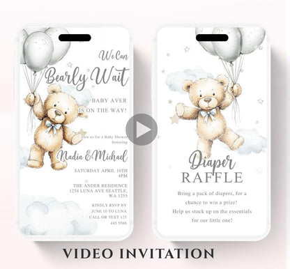 Teddy Bear Baby Shower Invitation We Can Bearly Wait Invite balloon Teddy Bear Template Boy Animated video- 1
