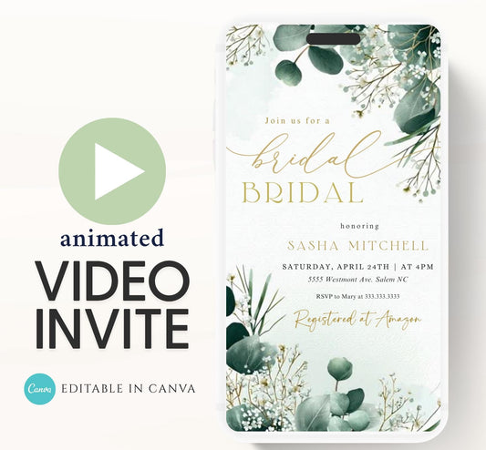 Greenery Bridal Shower Invitation, Video Eucalyptus Bridal Shower Invite, Editable Canva Greenery Bridal Shower-1