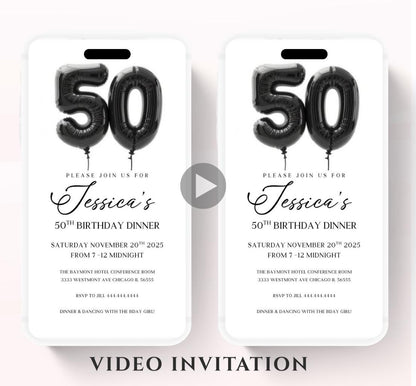 Animated 50th Evite Birthday for Adult Invite, Modern 50th Birthday Invite, Digital Animated Balloon Digital 50th Birthday-1