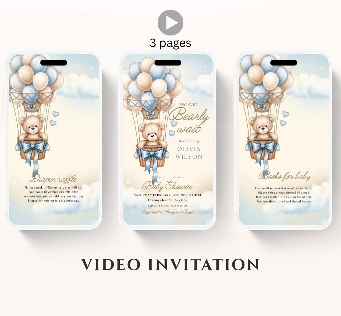 Video We Can Bearly Wait Baby Shower Invitation Teddy Bear Hot air Balloon Bear Theme Invites, Baby shower teddy bear invite animated-7