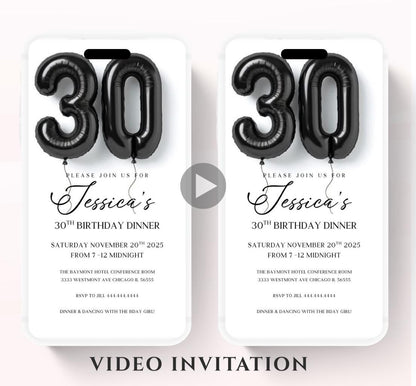 Animated 30th Evite Birthday for Adult Invite, Modern 30th Birthday Invite, Digital Animated Black balloons Digital 30th Birthday-2