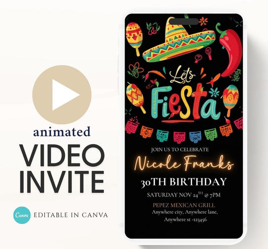 Lets Fiesta Invitation Taco invite, Digital Mexican Theme Birthday Party Invite Latin Celebration Let's Fiesta Cumpleaños Video invitation-2