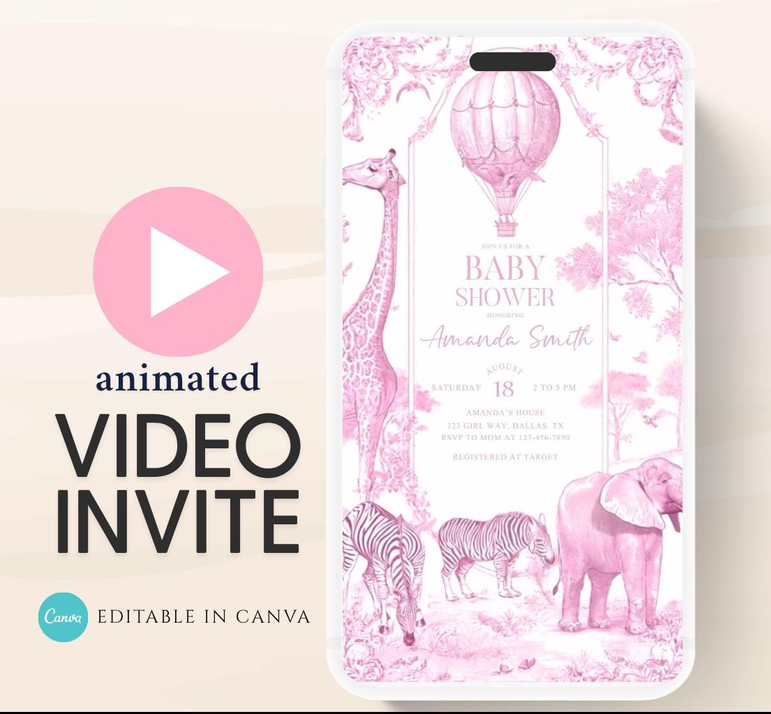 Pink Toile de jouy Safari Baby Shower Invitation, Safari Animal Baby girl Shower Digital Video Toile de Jouy Baby Shower Invite Safari-2