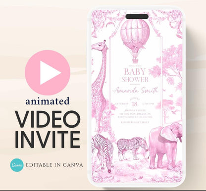 Pink Toile de jouy Safari Baby Shower Invitation, Safari Animal Baby girl Shower Digital Video Toile de Jouy Baby Shower Invite Safari-2