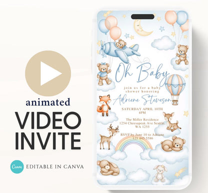 Flying Teddy Bear Baby Shower Invitation We Can Bearly Wait Invite balloon Teddy Bear Template Boy Animated video- 3