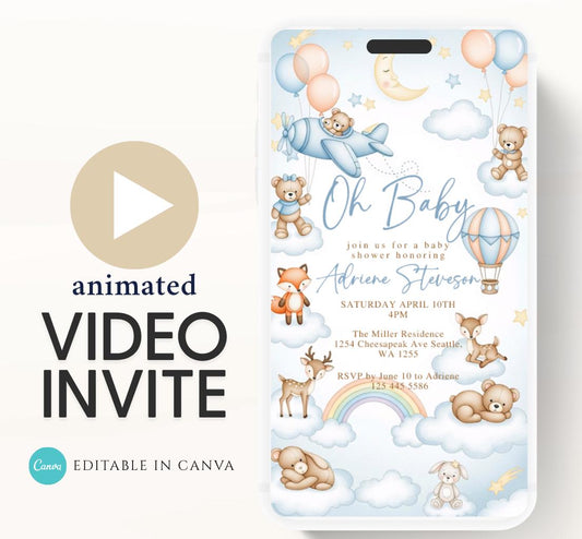 Flying Teddy Bear Baby Shower Invitation We Can Bearly Wait Invite balloon Teddy Bear Template Boy Animated video- 3