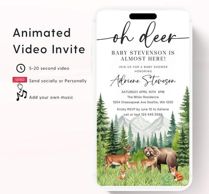 Animated Woodland Baby Shower Invitation, Boy Deer Baby Shower Invite, Woodland Animals Baby Shower, Greenery Boho invitation Woodland-5