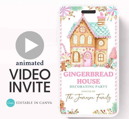 Animated Gingerbread House Birthday Party Invitation, Christmas Cookie Decorating Party Invite, Gingerbread House Contest Invitation-1