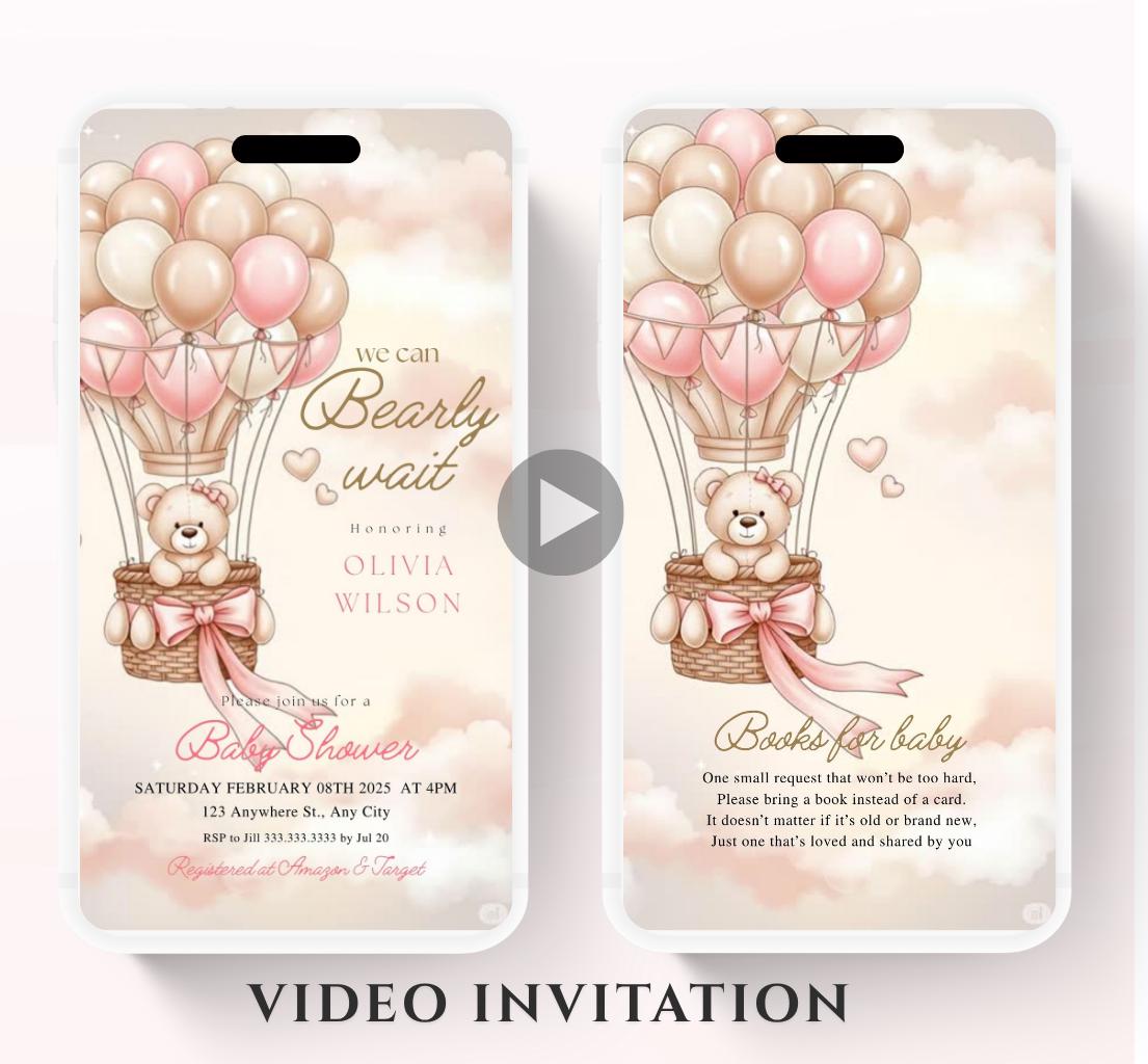 Teddy Bear Baby Shower Invitation We Can Bearly Wait Invite hot air balloon Teddy Bear Template girl Animated balloon teddy bear video- 7