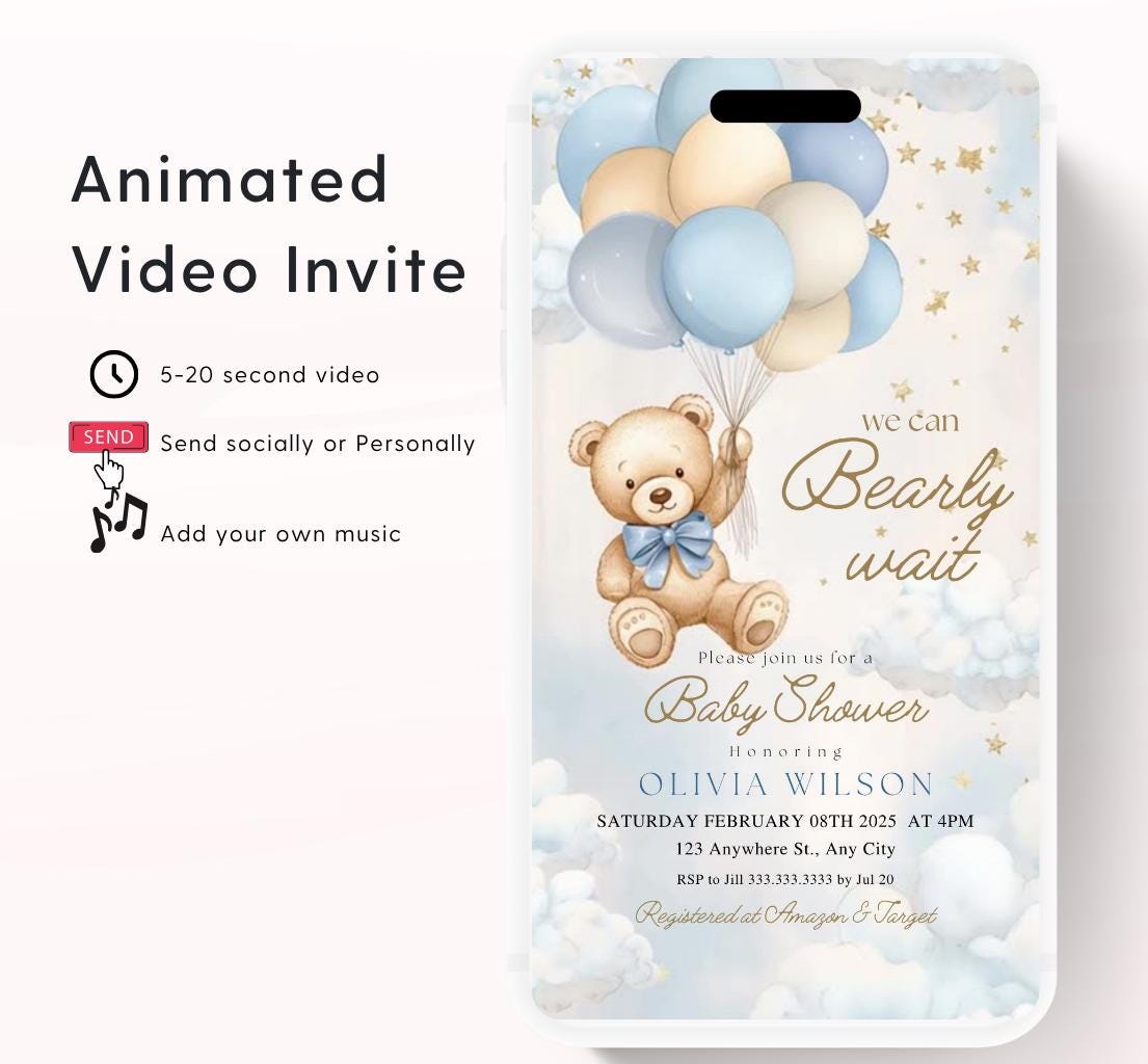 Video We Can Bearly Wait Baby Shower Invitation Teddy Bear Balloon Bear Theme Invites, Baby shower teddy bear invite animated-1