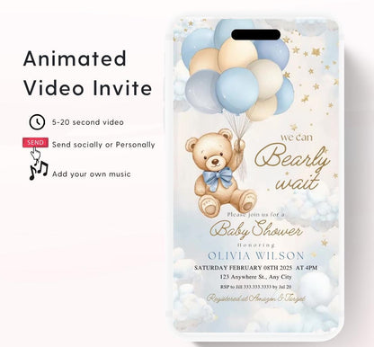 Video We Can Bearly Wait Baby Shower Invitation Teddy Bear Balloon Bear Theme Invites, Baby shower teddy bear invite animated-1