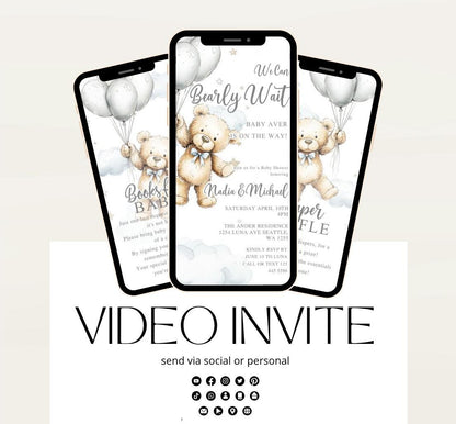 Teddy Bear Baby Shower Invitation We Can Bearly Wait Invite balloon Teddy Bear Template Boy Animated video- 1