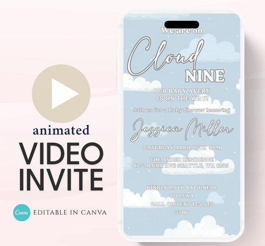 Video On Cloud 9 Baby Shower Invitation Blue Cloud Nine Boy Shower Invite We're on Cloud Nine Party Invite Printable Animated