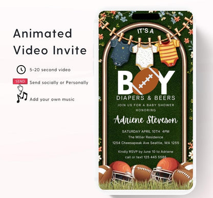 Animated Football Baby Shower Invitation Template, Tailgate DIY Oh Boy Baby Shower Invite, Touchdown Baby Shower, video invitation-1