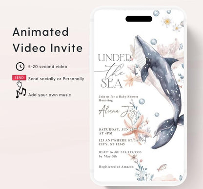 Video Under The Sea Baby Shower Invitation Bundle, Whale Nautical Baby Shower Invite Set, Sea Creatures Ocean Baby Shower Invite-1