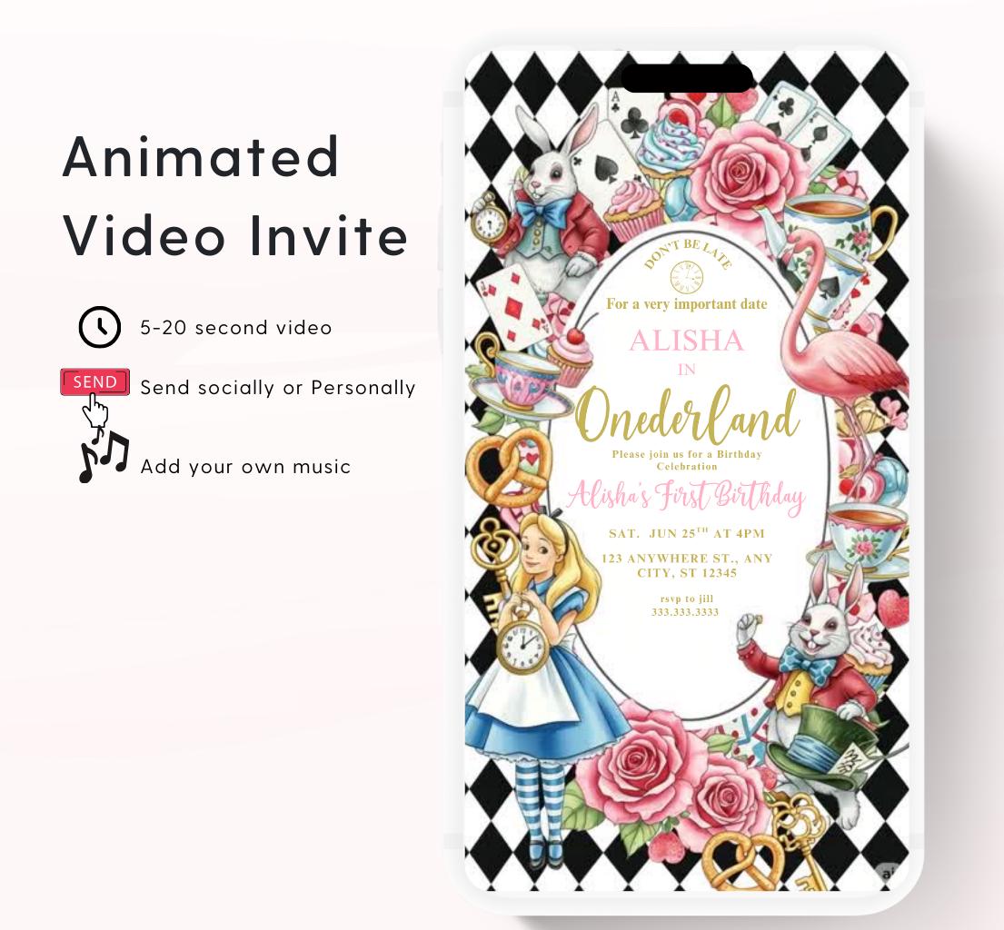 Video Wonderland birthday invitation, Alice in wonderland birthday invitation, Mad hatter first birthday, Wonderland first birthday invite