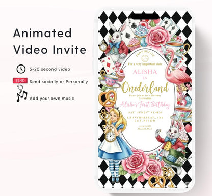 Video Wonderland birthday invitation, Alice in wonderland birthday invitation, Mad hatter first birthday, Wonderland first birthday invite